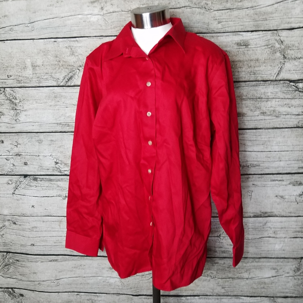 Lands' End Button Up Shirt Blouse Women size Large Red Long Sleeve Collared.